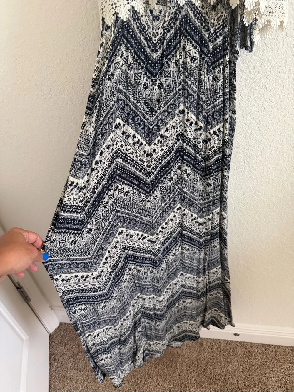 Bohemian Navy & White Maxi Dress with Crochet Trim - Picture 2 of 4
